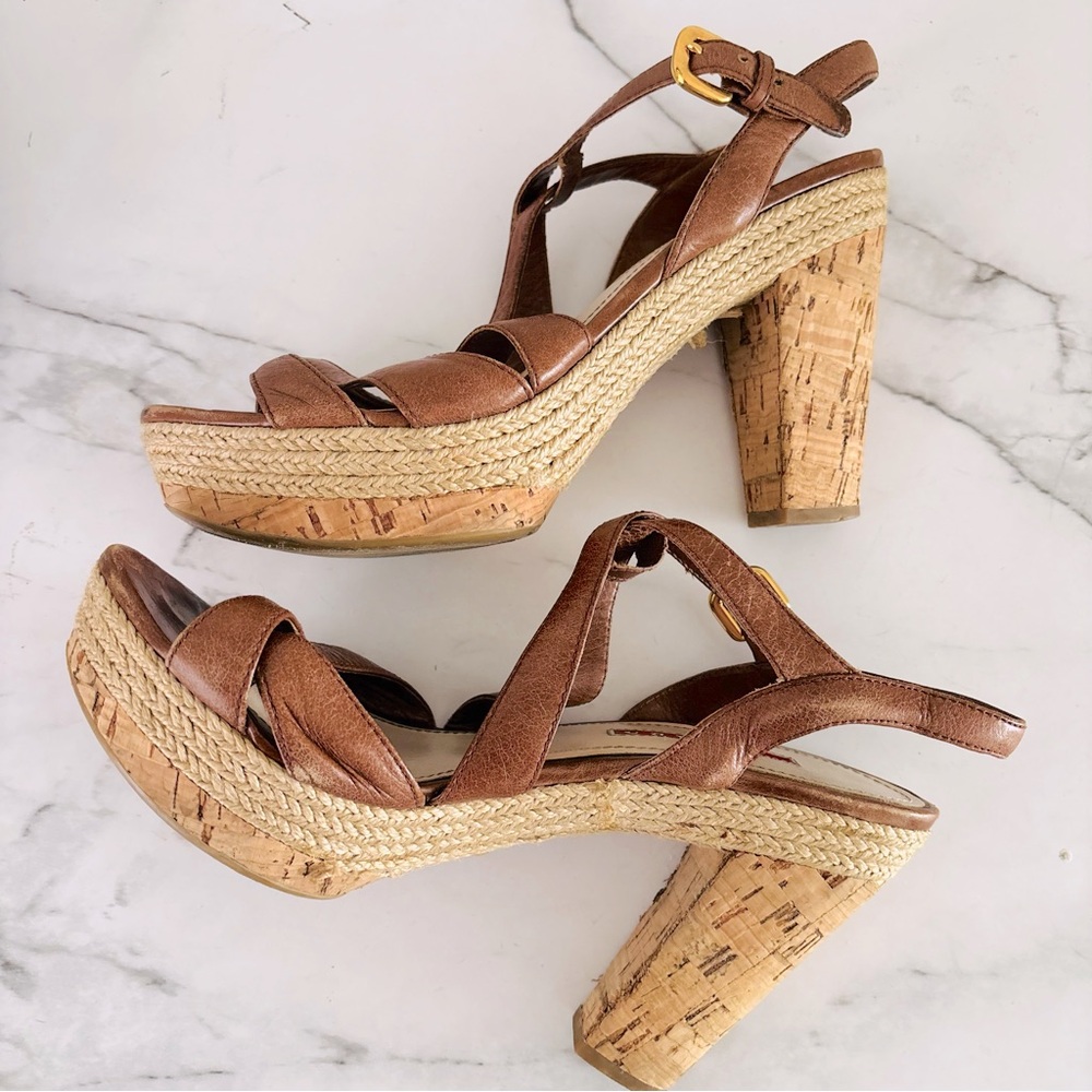 Prada Authentic Women’s Brown Strappy Sandals Cork Style Heel Size IT 38 or US 8 - Picture 8 of 10